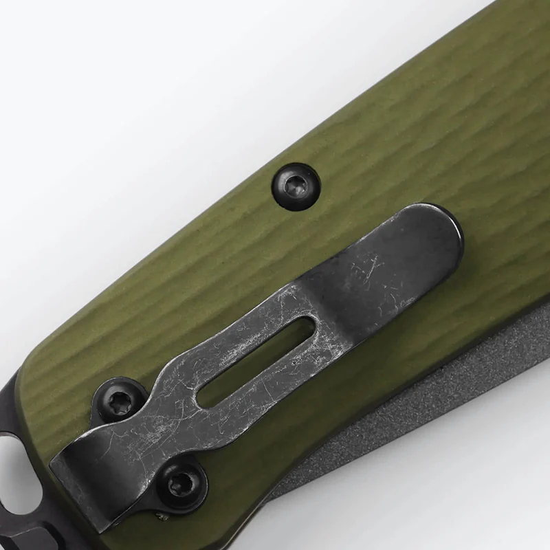 Benchmade Bailout Folding Knife Tungsten Gray CPM-M4 Blade Woodland Green Aluminum Handle - Image 4