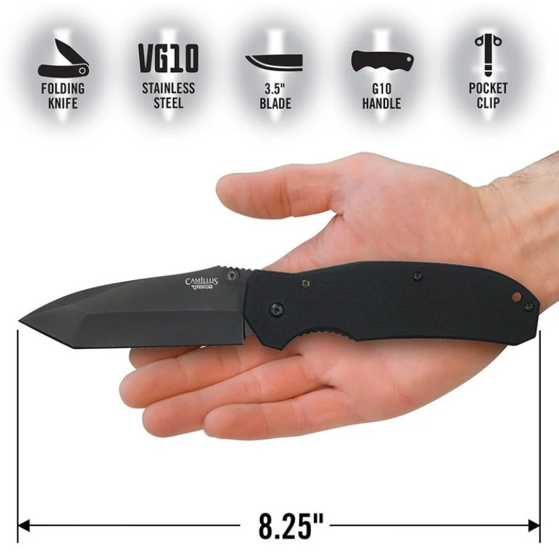 Camillus Black Tanto Folding Knife, VG10 Steel Blade, G10 Handle - Image 2