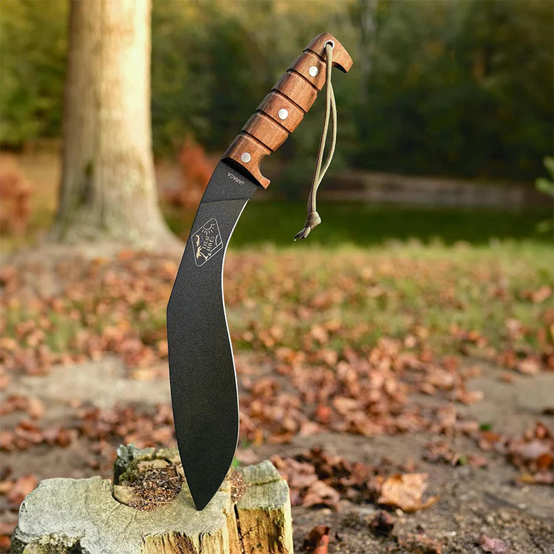 Expat Jaraca Fixed Blade, 1075 Black Powder Coated Blade, Walnut Handles, Khaki Cordura Sheath - Image 4