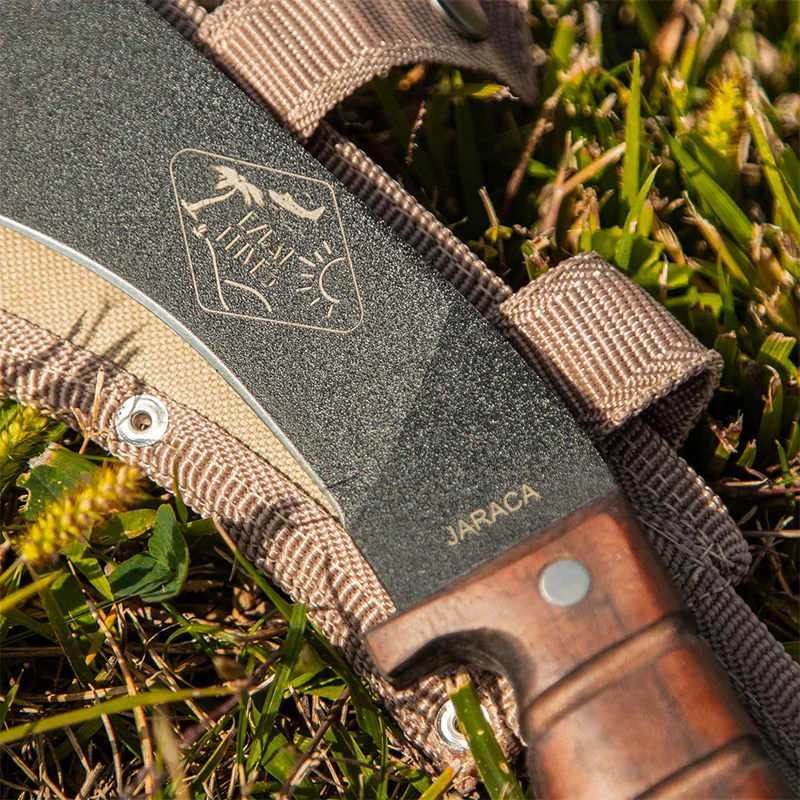 Expat Jaraca Fixed Blade, 1075 Black Powder Coated Blade, Walnut Handles, Khaki Cordura Sheath - Image 5