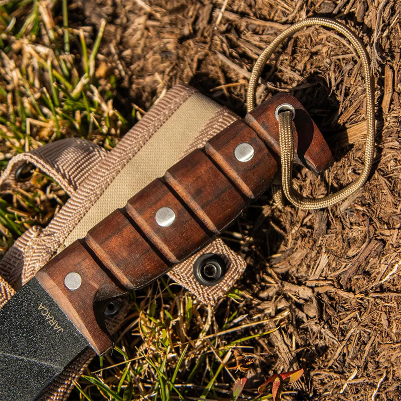 Expat Jaraca Fixed Blade, 1075 Black Powder Coated Blade, Walnut Handles, Khaki Cordura Sheath - Image 7