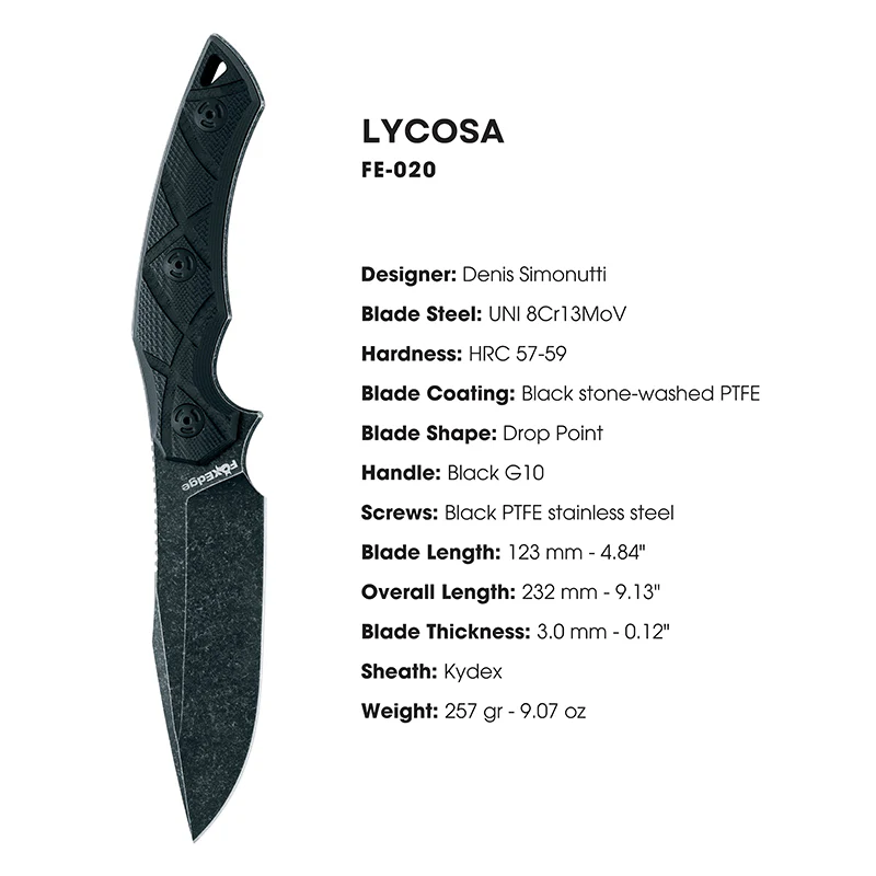 Fox Edge Lycosa Fixed Knife, 8Cr13MoV Drop Point Full Tang Blade, G10 Handle with Kydex Sheath - Image 2