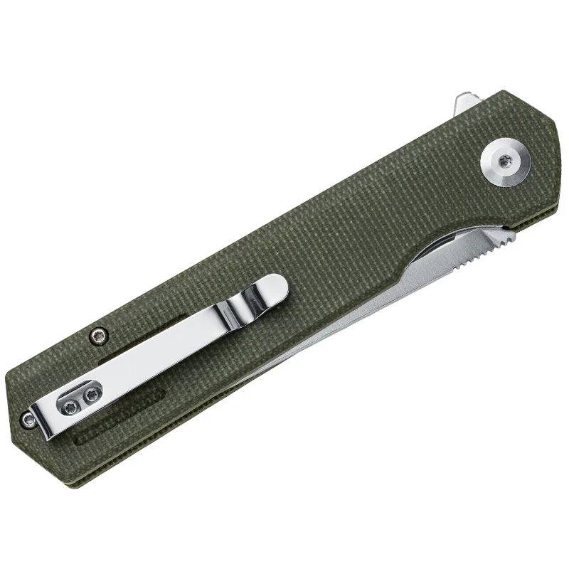 Fox Knives BlackFox Revolver BF-740 OD, D2 Plain Blade Flipper, OD Green Micarta Handle - Image 2